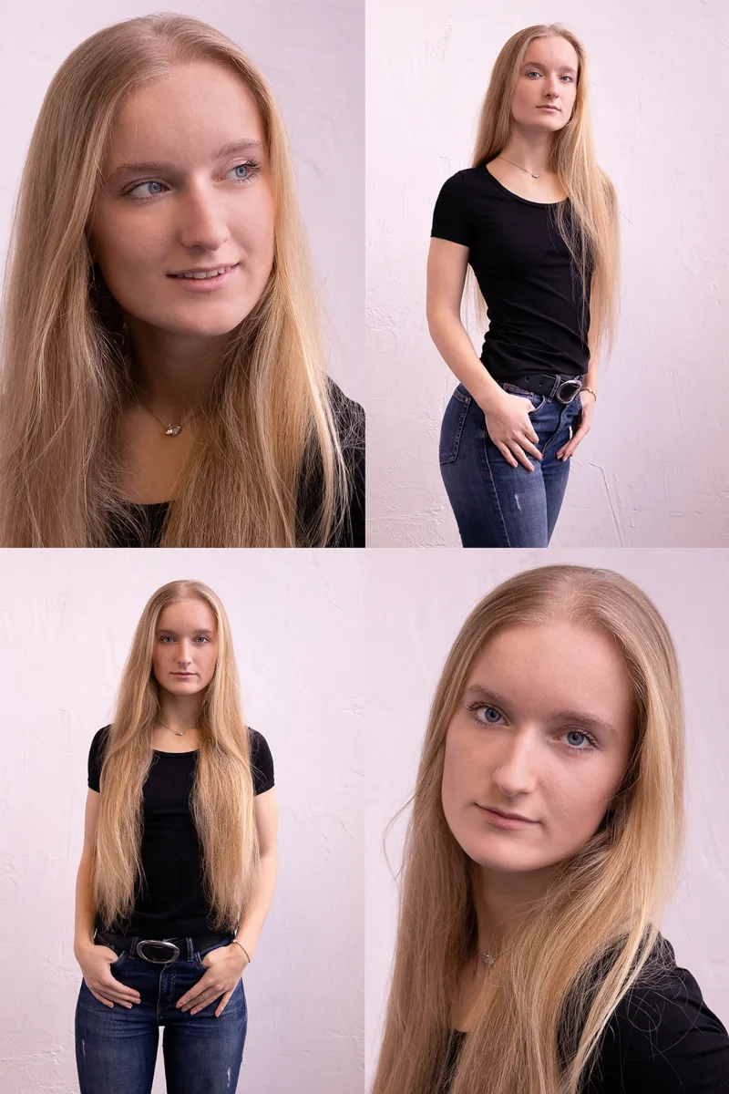Beauty-Collage aus vier Portraits einer jungen Frau mit langem hellem Haar – Frontal, Profil, Halbkörper, Close-Up