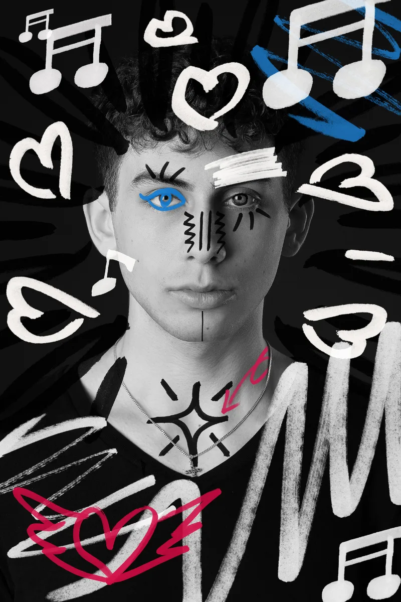 Editorial-Beauty: das Portrait des jungen Mannes ist von gemalten Musiknoten, Herzen und grafischen Strichen überlagert