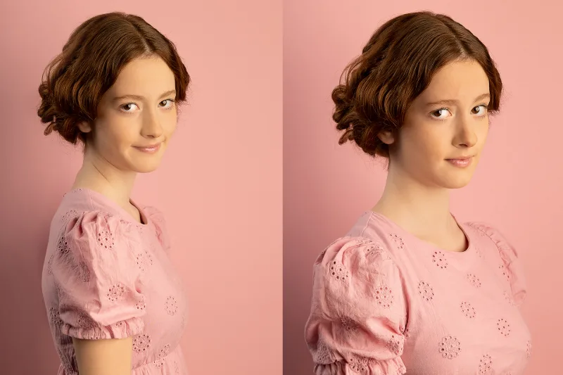 Doppelporträt einer jungen Frau mit gewelltem Haar im rosa Kleid vor rosa Hintergrund