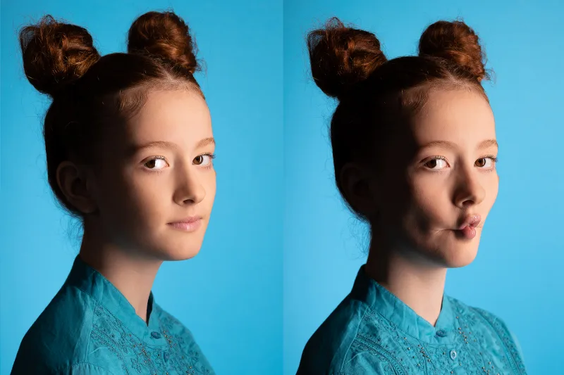 Doppelporträt eines Mädchens mit roten Haaren zu zwei Dutts, türkise Bluse vor blauem Hintergrund