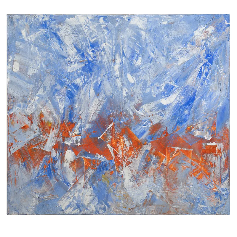 Abstraktes Acrylbild mit energischen blauen, weißen und orangen Pinselstrichen