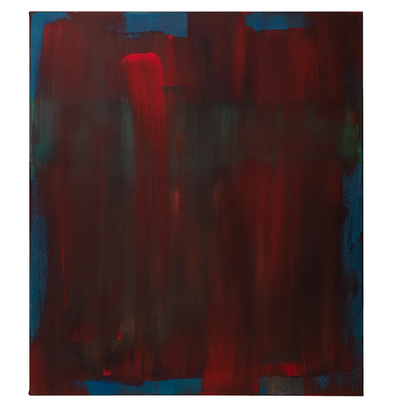 Abstraktes Acrylbild in tiefem Rot mit einem leuchtenden roten Strich und blauen Rändern