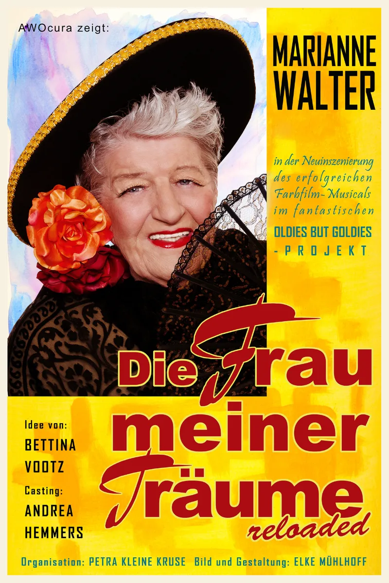 Filmplakat-Neuinszenierung: Marianne Walter als Hauptdarstellerin im Stil eines Farbfilm-Musicals, mit Pelzkragen, schwarzem Schleier und orangefarbener Blume im Haar
