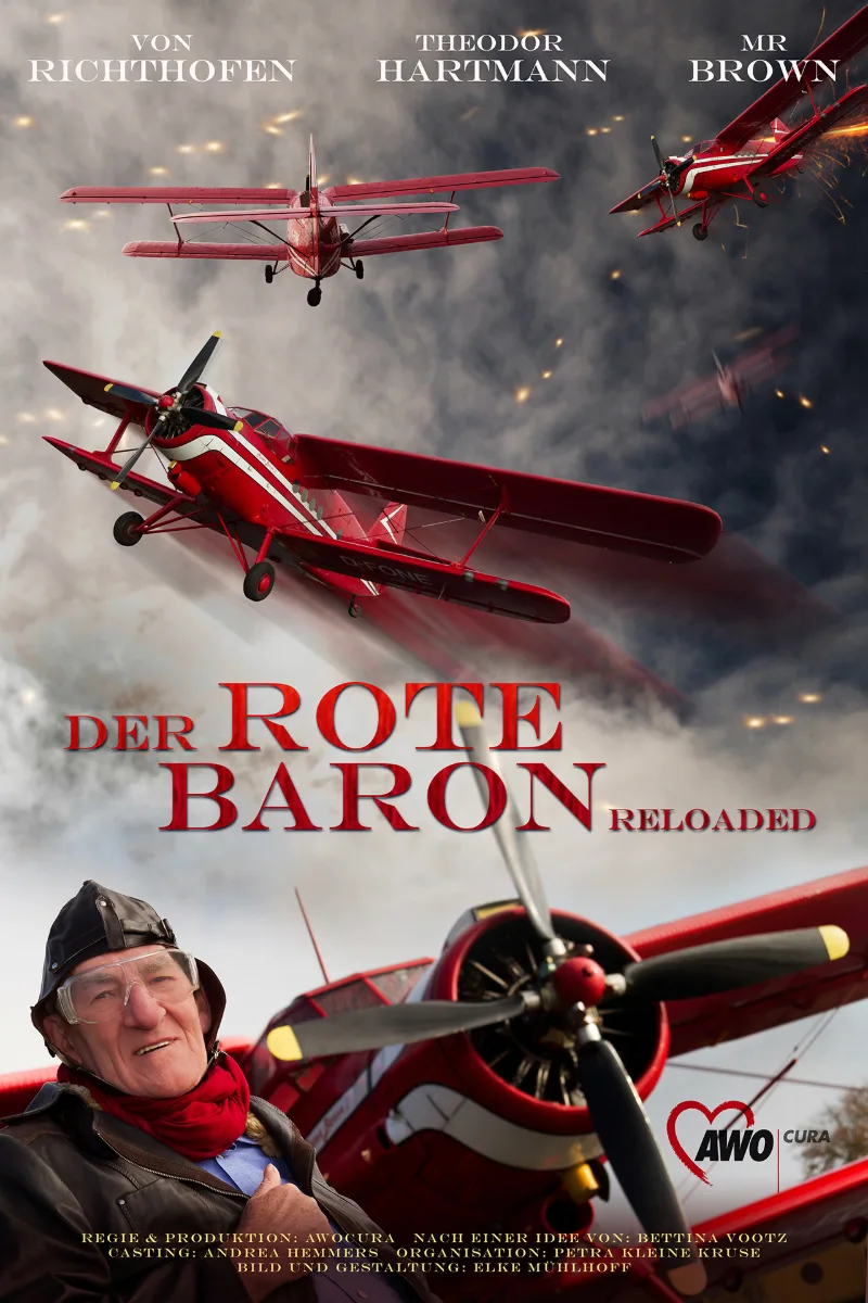 Filmplakat-Neuinszenierung: ein Hauptdarsteller mit Pilotenkappe und rotem Schal vor rotem Doppeldecker, am Himmel umherjagende Maschinen